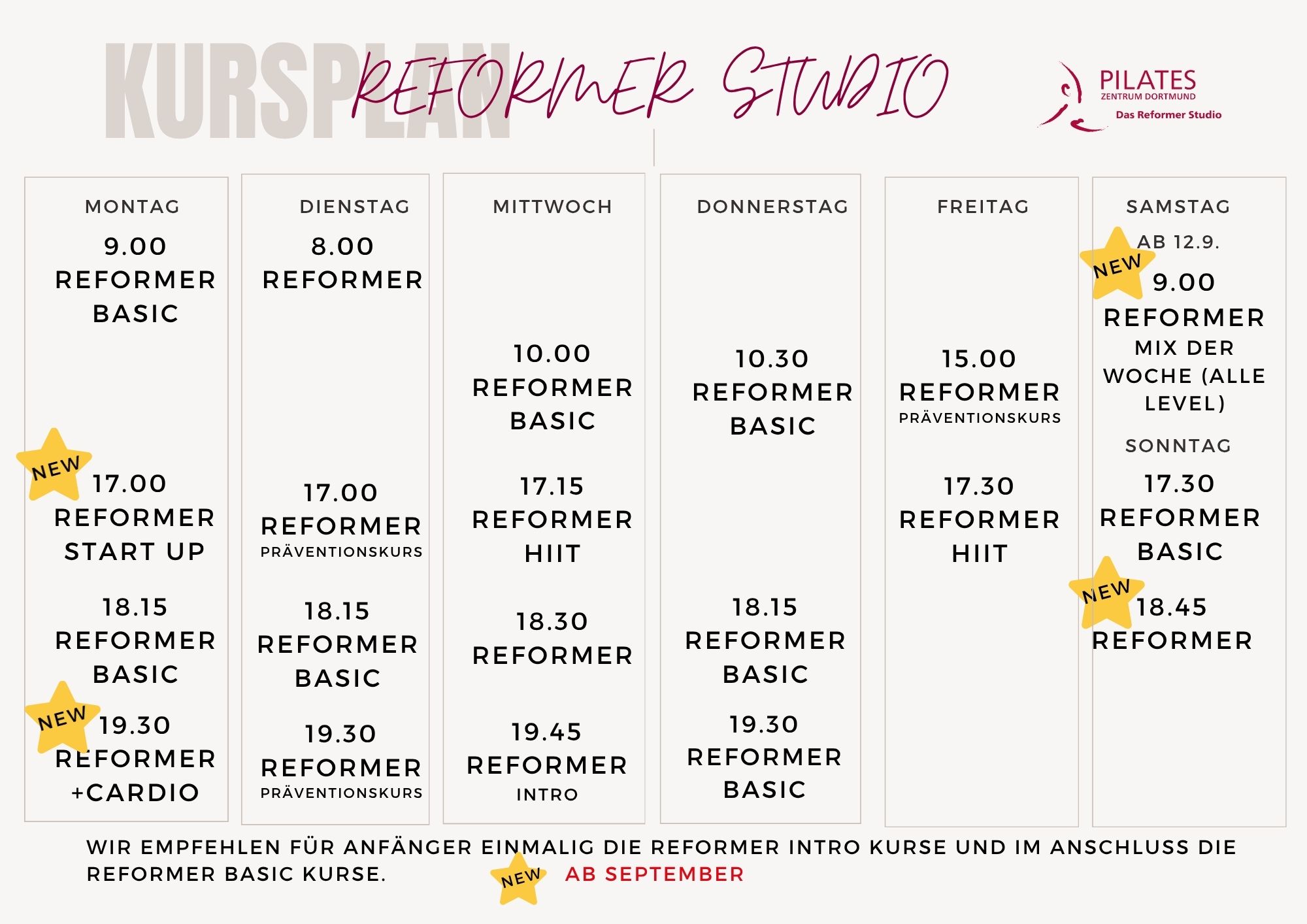 Kursplan REFORMER Studio ab September